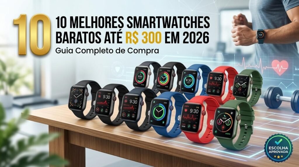 Infográfico com os 10 melhores smartwatches baratos até 300 reais em 2026 sobre uma mesa.