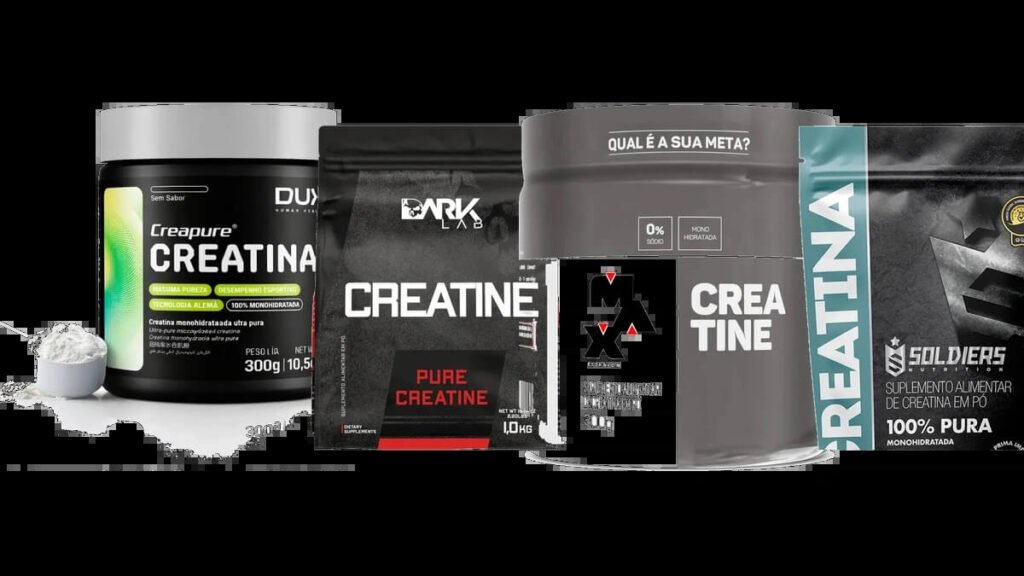As melhores marcas de creatina do mercado: Dux Creapure, Dark Lab, Max Titanium e Soldiers Nutrition lado a lado.